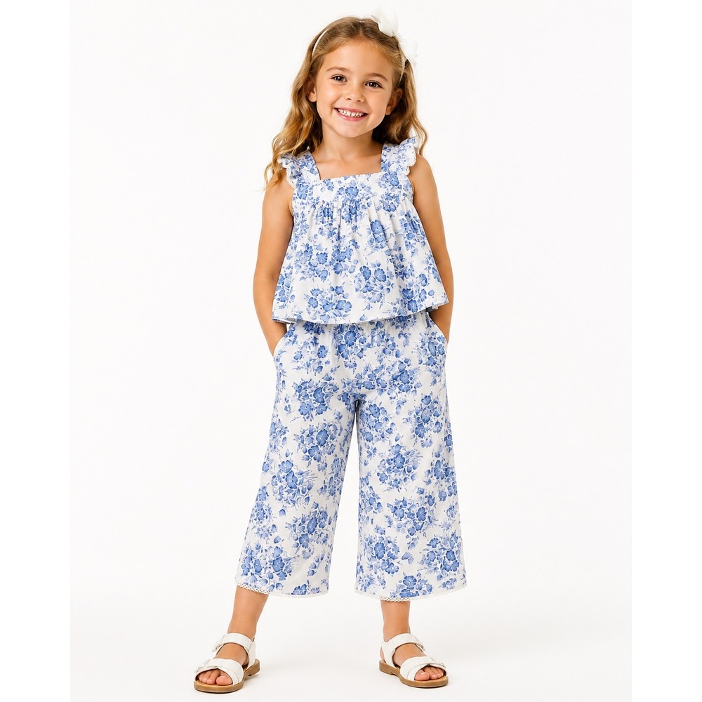 Polo Ralph Lauren Girls Blue Floral Toile Linen Top and Pants Set 6X New